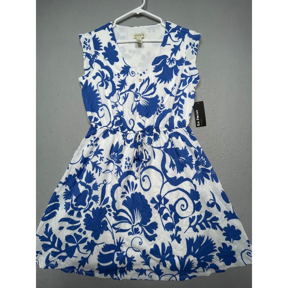 En Focus Studio Dress Polyester Spandex Blue White Floral Size Medium Womens